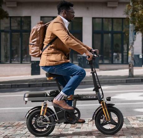 a man riding engwe t14 lightest folding electric bike